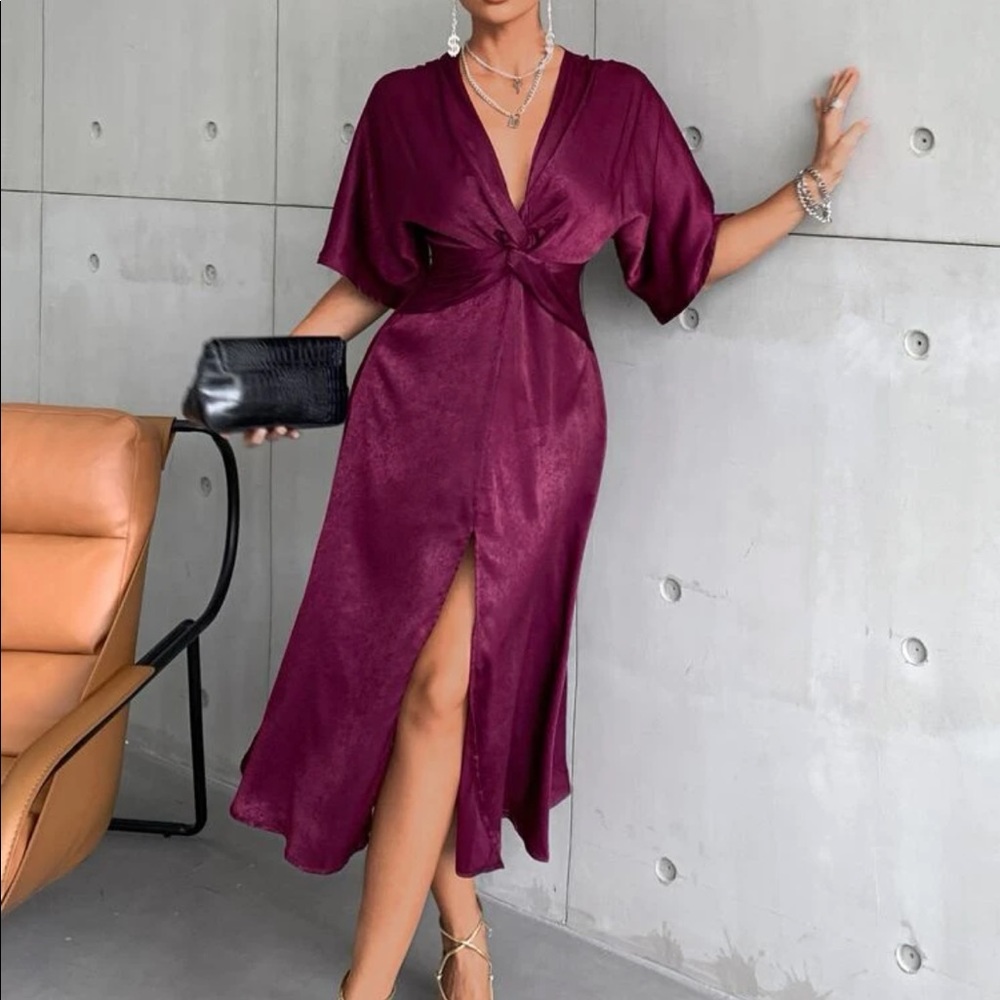 Deep purple batwing sleeve slit thigh maxi dress